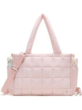 Women's Pink Quilted Zipper Tote Bag Puffy Weekender Overnight Nylon Shoulder